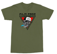 Load image into Gallery viewer, An olive green crewneck t-shirt featuring a graphic print on the front. The graphic displays a black triangle with the text 'FILM PROZ NATION' above a skull wearing a white cap that reads 'THE MÜSSLERS' and holding a blue knife.