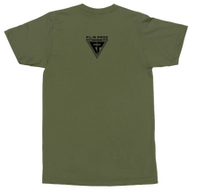 Load image into Gallery viewer, An olive green short-sleeve t-shirt shown from the back, featuring a black triangular graphic with a cross in the center and the text 'FILM PROZ' above it.