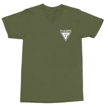 Load image into Gallery viewer, An olive green crewneck t-shirt with a small white graphic on the left chest featuring a triangle and the text 'FILM PROZ.