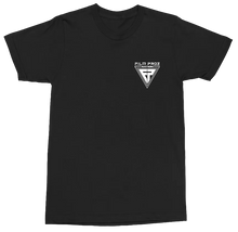Load image into Gallery viewer, A black short-sleeve crewneck t-shirt with a small white graphic on the left chest. The graphic features a vertical triangle with a stylized ‘FP' inside and the text ‘FILM PROZ' above it.
