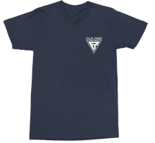 Load image into Gallery viewer, A navy blue short-sleeve crewneck t-shirt with a small white graphic on the left chest. The graphic features a vertical cross inside a triangle with the text ‘FILM PROS' above it.