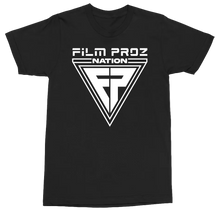 Load image into Gallery viewer, A black short-sleeve crewneck t-shirt featuring a white graphic print on the front that reads 'FILM PROZ NATION' above a large triangular emblem with a stylized cross, shown on a plain white background.