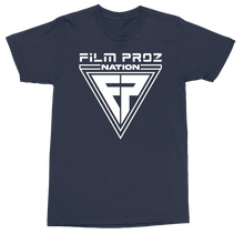 Load image into Gallery viewer, A navy blue short-sleeve t-shirt with a white graphic print on the front reading 'FILM PROZ NATION' above a large triangular emblem, shown on a plain white background.