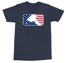 Load image into Gallery viewer, A navy blue short-sleeve crewneck t-shirt featuring a rectangular chest graphic with a rounded border. The graphic is split diagonally into a blue field with white stars on the left and red and white stripes on the right, with a white silhouette of New York State overlaid.