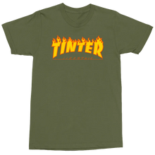 Load image into Gallery viewer, An olive green short-sleeve t-shirt with a prominent orange graphic on the chest reading 'TINTER' in a flame-style font, with 'LIFE ESTHER' written underneath.