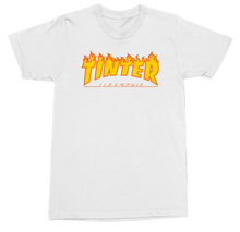 Load image into Gallery viewer, A white short-sleeve crewneck t-shirt featuring a graphic on the chest with the word 'TINTER' in a stylized orange and yellow flame font, and the word 'LIFESTYLE' printed underneath in orange.