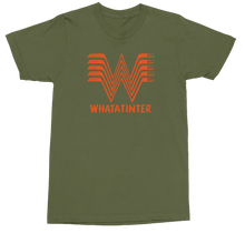 Load image into Gallery viewer, An olive green short-sleeve t-shirt with a bright orange graphic on the chest. The graphic features a stylized stacked 'W' logo above the text 'WHATINTER'.