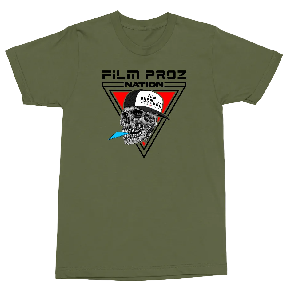 An olive green crewneck t-shirt featuring a graphic print on the front. The graphic displays a black triangle with the text 'FILM PROZ NATION' above a skull wearing a white cap that reads 'THE MÜSSLERS' and holding a blue knife.