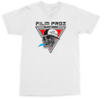 A white short-sleeve crewneck t-shirt featuring a graphic print on the front. The graphic displays a black and white skull wearing a black and white beret with the text 'KON HUBERTS' inside a red and black triangular emblem, with the text 'FILM PROZ NATION' printed above.