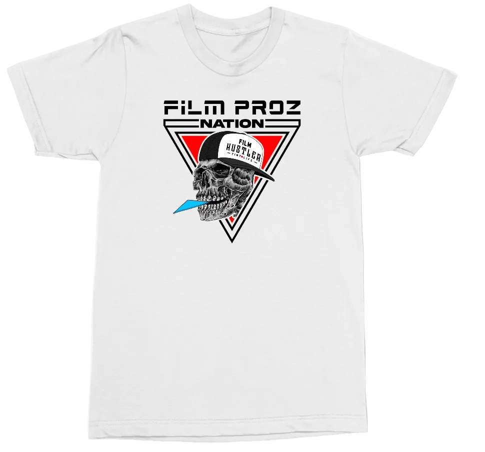 A white short-sleeve crewneck t-shirt featuring a graphic print on the front. The graphic displays a black and white skull wearing a black and white beret with the text 'KON HUBERTS' inside a red and black triangular emblem, with the text 'FILM PROZ NATION' printed above.
