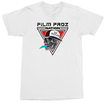 Load image into Gallery viewer, A white short-sleeve crewneck t-shirt featuring a graphic print on the front. The graphic displays a black and white skull wearing a black and white beret with the text 'KON HUBERTS' inside a red and black triangular emblem, with the text 'FILM PROZ NATION' printed above.
