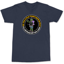 Load image into Gallery viewer, A navy blue short-sleeve crewneck t-shirt featuring a circular graphic print on the chest. The graphic shows a cartoon character resembling a green ninja turtle wearing a black tactical vest and holding a rifle, surrounded by the text 'DO YOU EVEN TRANKERASTHEWORTH1000' and 'FILIMPROZATION.
