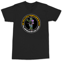 Load image into Gallery viewer, A black short-sleeve crewneck t-shirt featuring a circular graphic on the chest. The graphic displays a cartoon character resembling a green ninja turtle wearing a black tactical vest and holding a rifle, surrounded by the text 'DO YOU EVEN TRANKER-KINETE ARROGANT?' and 'FILIMPROSENATION.
