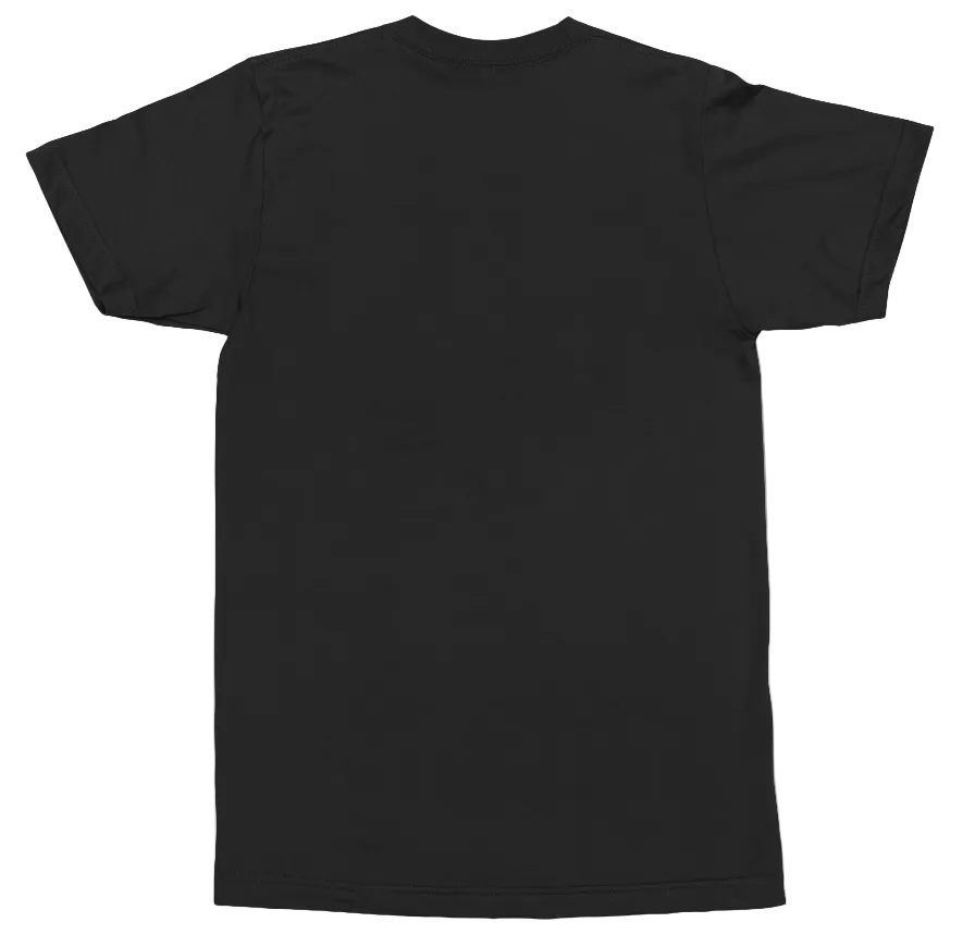 A plain black short-sleeve crewneck t-shirt shown from the back, laid flat against a clean white background.