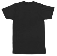 Load image into Gallery viewer, A plain black short-sleeve crewneck t-shirt shown from the back, laid flat against a clean white background.
