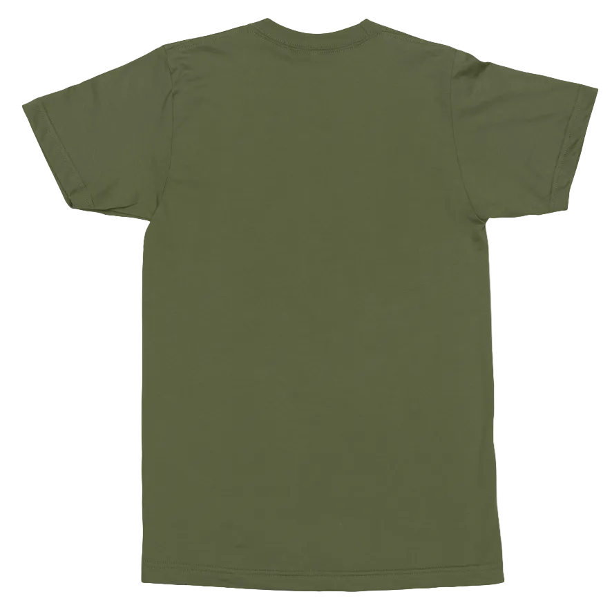 An olive green short-sleeve crewneck t-shirt shown from the back, laid flat against a solid white background.