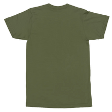 Load image into Gallery viewer, An olive green short-sleeve crewneck t-shirt shown from the back, laid flat against a solid white background.
