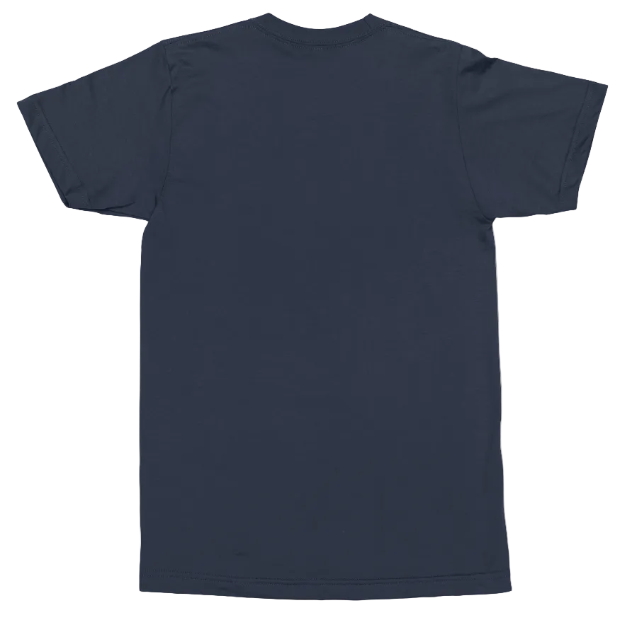 A plain navy blue short-sleeve t-shirt shown from the back, laid flat against a clean white background.