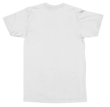 Load image into Gallery viewer, A plain white short-sleeve crewneck t-shirt shown from the back, laid flat against a white background.
