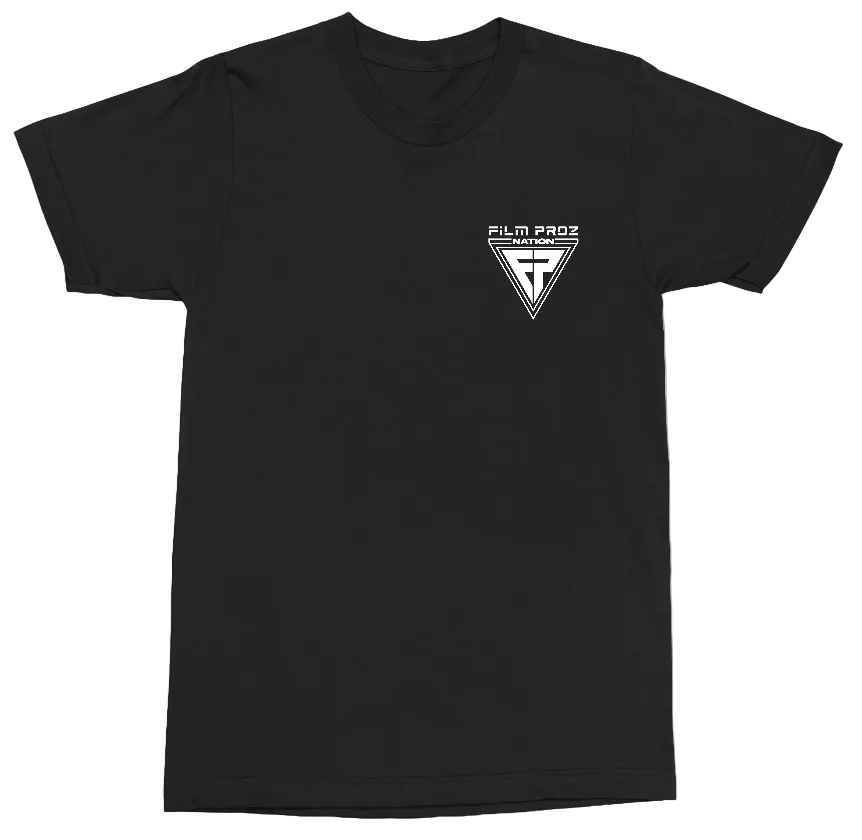 A black short-sleeve crewneck t-shirt with a small white graphic on the left chest. The graphic features a vertical triangle with a stylized ‘FP' inside and the text ‘FILM PROZ' above it.
