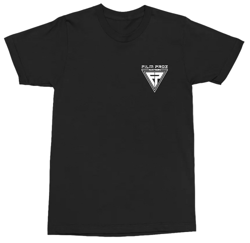 A black short-sleeve crewneck t-shirt with a small white graphic on the left chest. The graphic features a vertical triangle with a stylized ‘FP' inside and the text ‘FILM PROZ' above it.