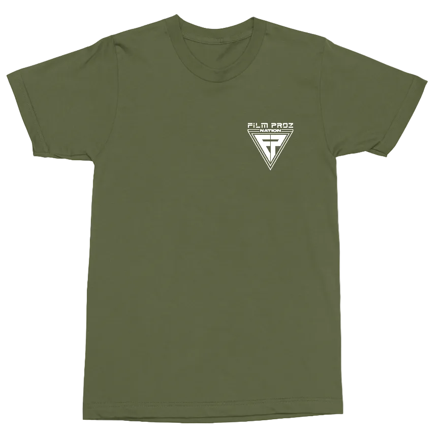 An olive green crewneck t-shirt with a small white graphic on the left chest featuring a triangle and the text 'FILM PROZ.
