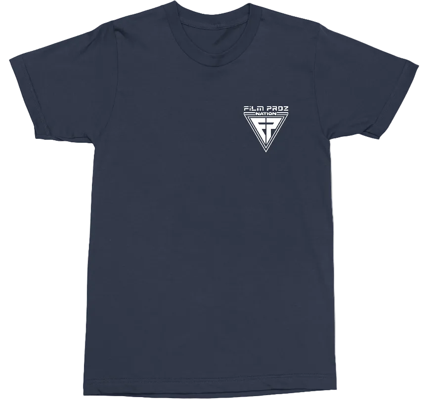 A navy blue short-sleeve crewneck t-shirt with a small white graphic on the left chest. The graphic features a vertical cross inside a triangle with the text ‘FILM PROS' above it.