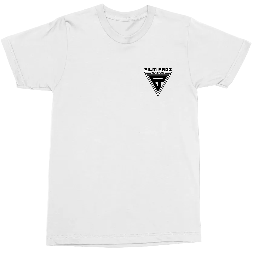 A white short-sleeve crewneck t-shirt with a black triangular graphic on the left chest containing the text 'FILM PROZ' and a stylized 'FP' logo, displayed on a clean white background.