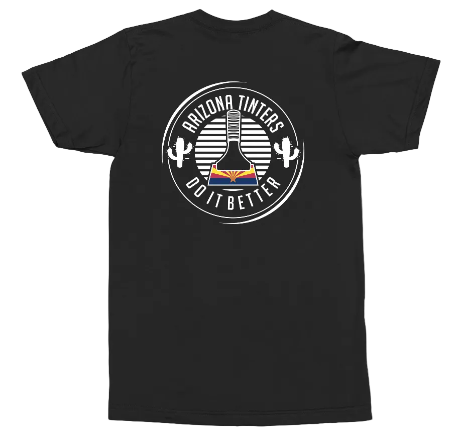 A black short-sleeve t-shirt shown from the back, featuring a circular graphic print with the text 'ARIZONA TINTERS GO IT BETTER' surrounding a guitar and cactus design.