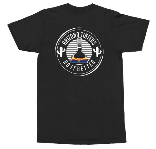 A black short-sleeve t-shirt shown from the back, featuring a circular graphic print with the text 'ARIZONA TINTERS GO IT BETTER' surrounding a guitar and cactus design.