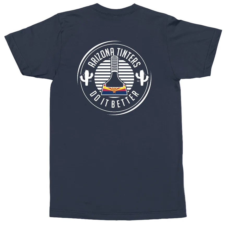 A navy blue short-sleeve t-shirt shown from the back, featuring a circular graphic print with a guitar, cacti, and the text 'ARIZONA TINTERS DO IT BETTER' in white.