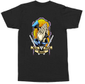 A black short-sleeve t-shirt with a large graphic print on the front showing praying hands, a blue and yellow sunburst, crossed swords, and a banner that reads 'Hands Together'.
