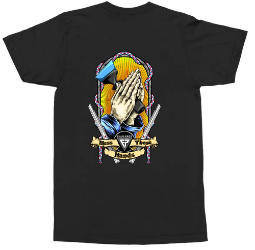A black short-sleeve t-shirt with a large graphic print on the front showing praying hands, a blue and yellow sunburst, crossed swords, and a banner that reads 'Hands Together'.