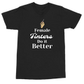 A black short-sleeve crewneck t-shirt with a graphic print on the front. The graphic features a small tan illustration of a hand holding a paintbrush above the text 'Female Tinters Do it Better' in white and tan lettering, displayed on a clean white background.