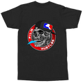 A black short-sleeve t-shirt with a circular graphic on the chest featuring a skull in a black baseball cap with a red, white, and blue logo, surrounded by a red circle with the text 'FILM HUSTLER' and a small blue feather detail.