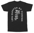 A black short-sleeve t-shirt shown from the back, featuring a large white graphic print of a coiled snake with a knife in its mouth, surrounded by gothic text reading 'FOR THINGS BY STAINED' and 'EST. 2050'.