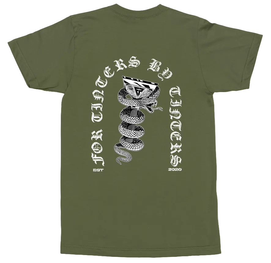 An olive green t-shirt shown from the back, featuring a large graphic print of a coiled snake with a bandana and the text 'FOR TIGERS BY STRIDER' in a stylized font.