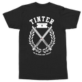 A black short-sleeve t-shirt shown flat against a white background, featuring a large white graphic print on the back with the word 'TINTER', crossed blades, a barbell, and the phrase 'IN BLADE WE TRUST'.