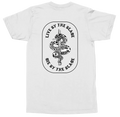 A white short-sleeve t-shirt shown from the back, featuring a large black graphic print of a coiled snake wrapped around a spear in an oval frame with the text 'LIVE BY THE BLADE' and 'DIE BY THE BLADE'.