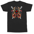 A black short-sleeve t-shirt shown flat against a white background, featuring a large graphic print on the back with a samurai helmet, crossed swords, and flames.