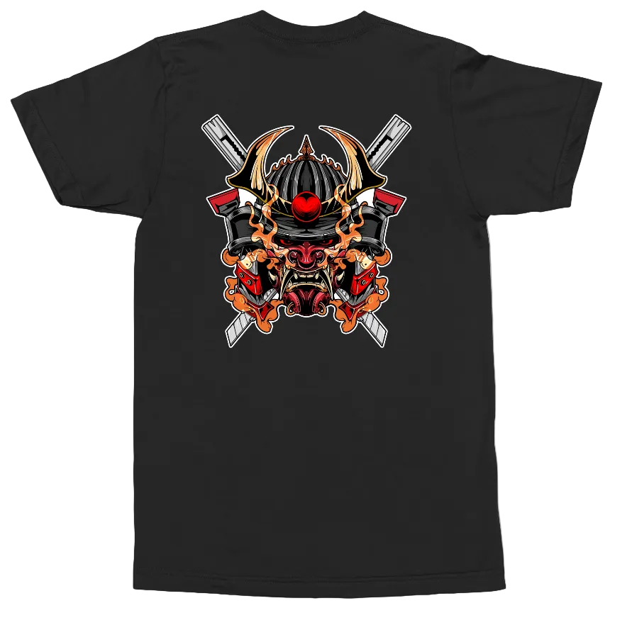 A black short-sleeve t-shirt shown flat against a white background, featuring a large graphic print on the back with a samurai helmet, crossed swords, and flames.