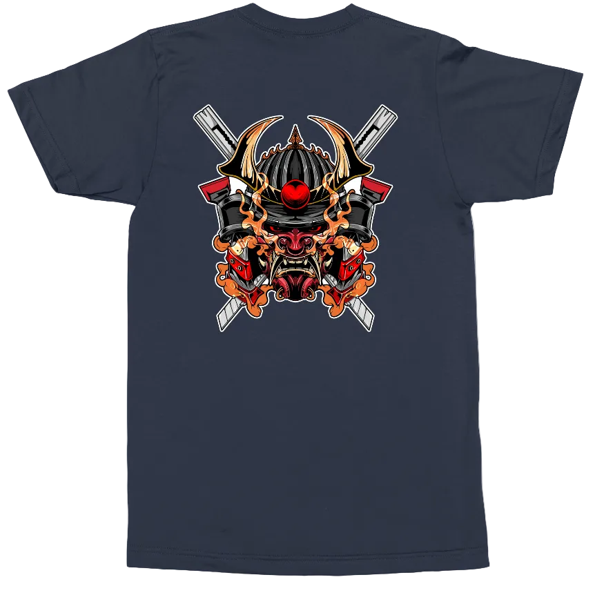 A navy blue short-sleeve t-shirt shown from the back, featuring a large graphic print of a samurai helmet, red demon face, and crossed swords.