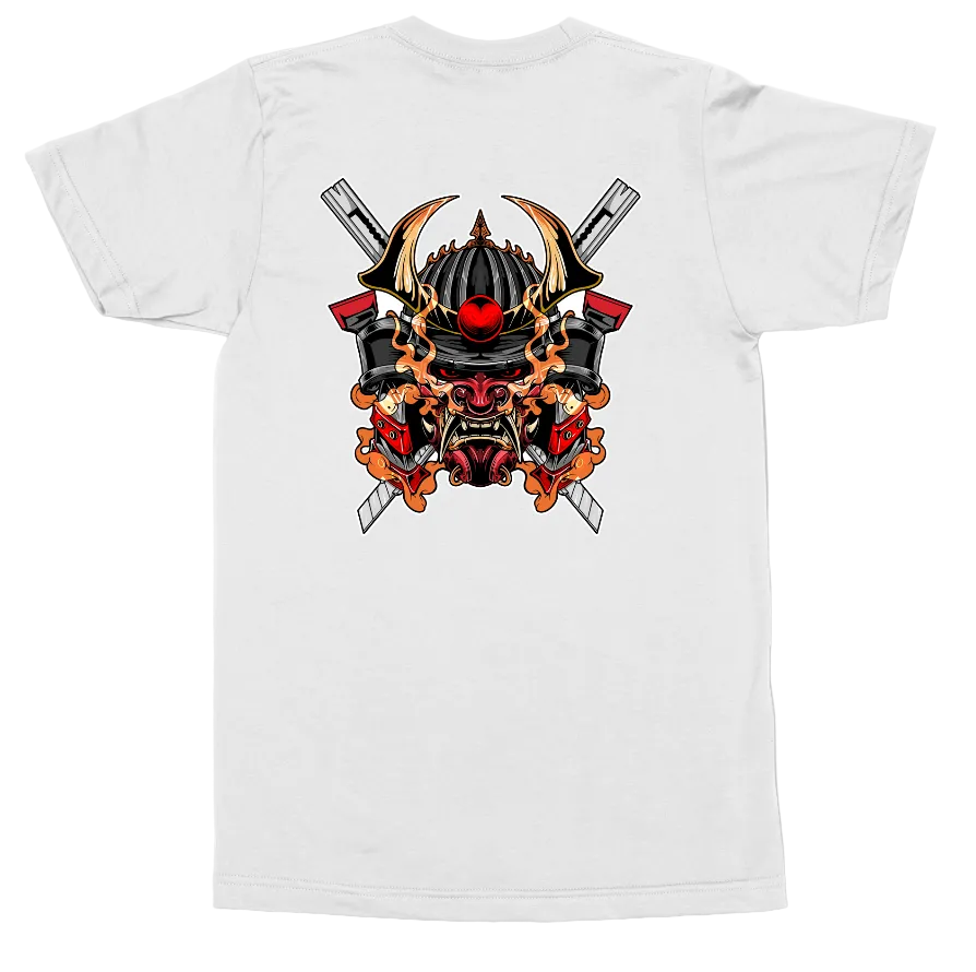 A white short-sleeve crewneck t-shirt shown from the back, featuring a large graphic print of a Japanese samurai helmet and katana crossed behind it.