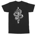 A black short-sleeve t-shirt with a large white graphic of a snake wrapped around a vertical pole, shown against a plain white background.