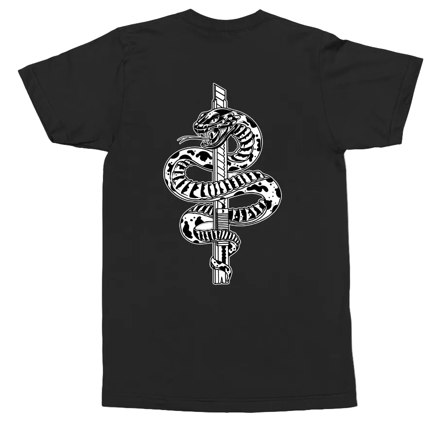 A black short-sleeve t-shirt with a large white graphic of a snake wrapped around a vertical pole, shown against a plain white background.