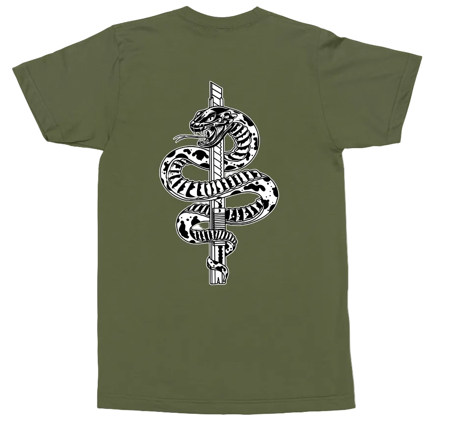 An olive green short-sleeve t-shirt shown from the back, featuring a large black and white graphic of a coiled snake wrapped around a vertical pole in the center.