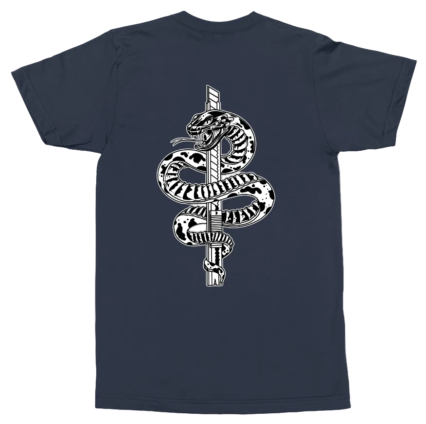 A navy blue short-sleeve t-shirt with a large black and white graphic of a coiled snake wrapped around a vertical pole on the back, shown against a plain white background.