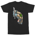 A black short-sleeve t-shirt shown flat against a white background, featuring a large graphic print on the back of a muscular arm with a sword and colorful mechanical details.