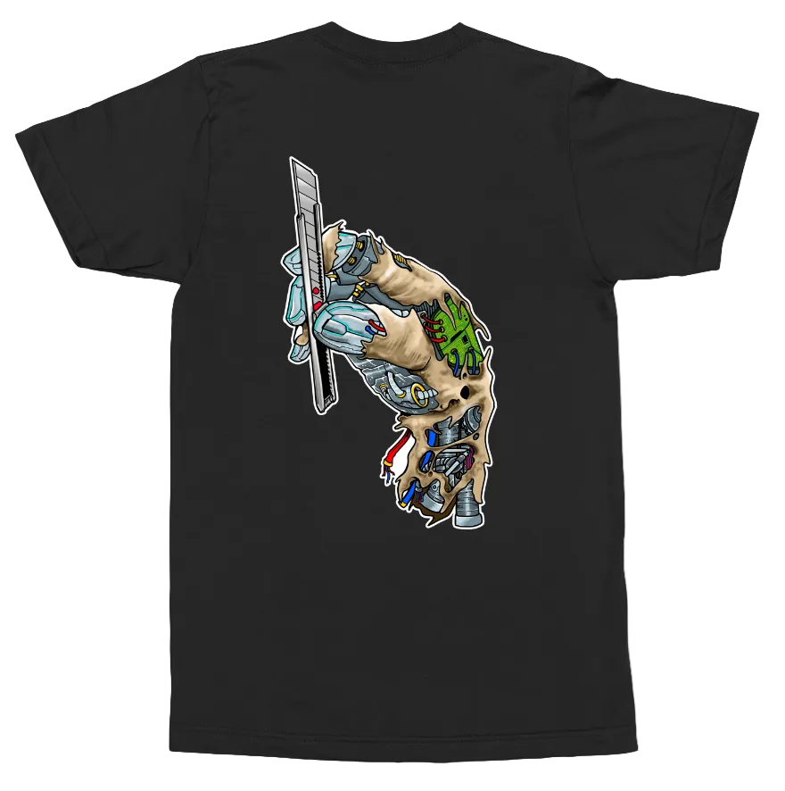 A black short-sleeve t-shirt shown flat against a white background, featuring a large graphic print on the back of a muscular arm with a sword and colorful mechanical details.