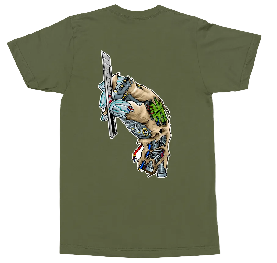 An olive green short-sleeve t-shirt with a large graphic print on the back showing a stylized, multi-colored illustration of a muscular figure holding a sword.